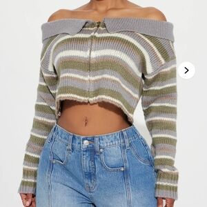 Fashion Nova Gray and Green Striped Sweater